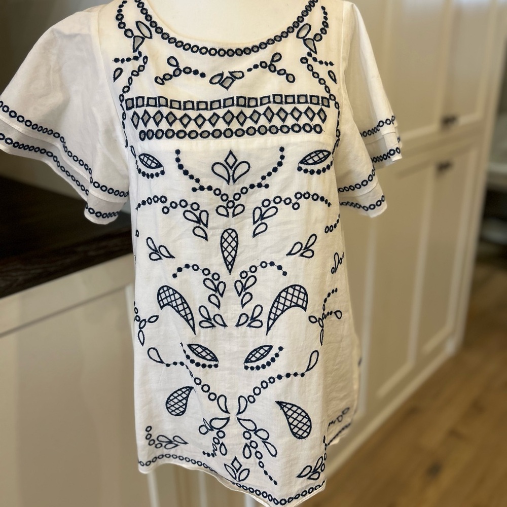 Parker White Blouse with Navy Embroidery